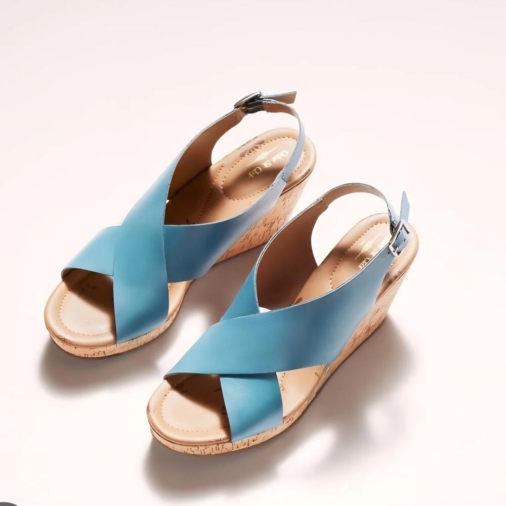 Saychelles Modern Blue Leather Wedge Sandals with Criss-Cross Design Sz.7